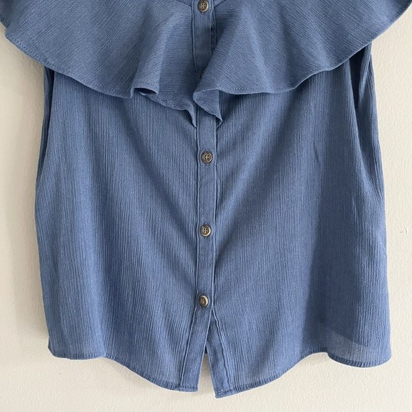 Moa Moa Top Flutter Off the Shoulders Strap Flowy Blouse Casual Buttoned Blue S - Picture 3 of 9